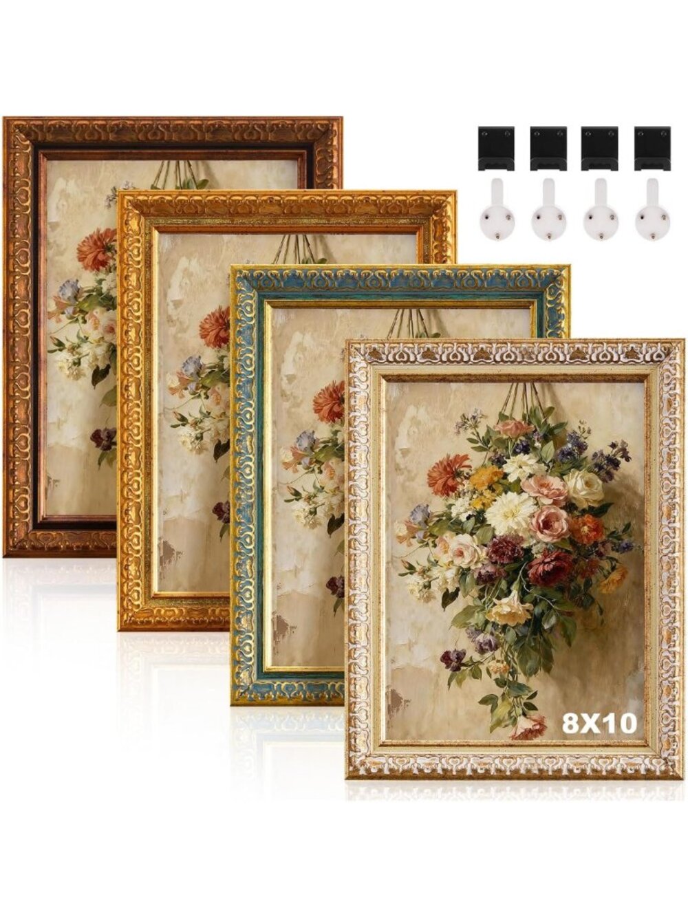 Set of 4 Vintage Ornate Picture Frames 8x10 - Mixed Colors for Home Decor